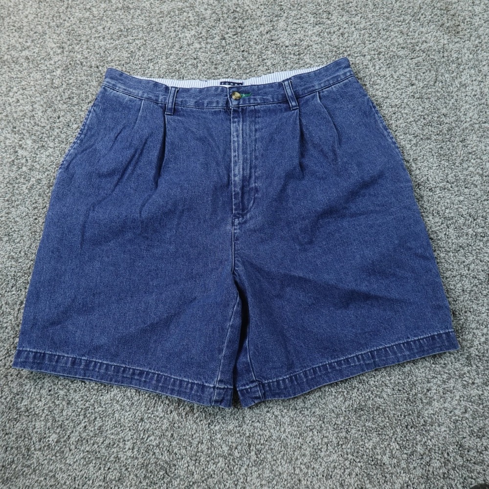 VTG Tommy Hilfiger Shorts Mens 34 Dark Blue Denim Pleated Chino Golf 90s Dad Y2K